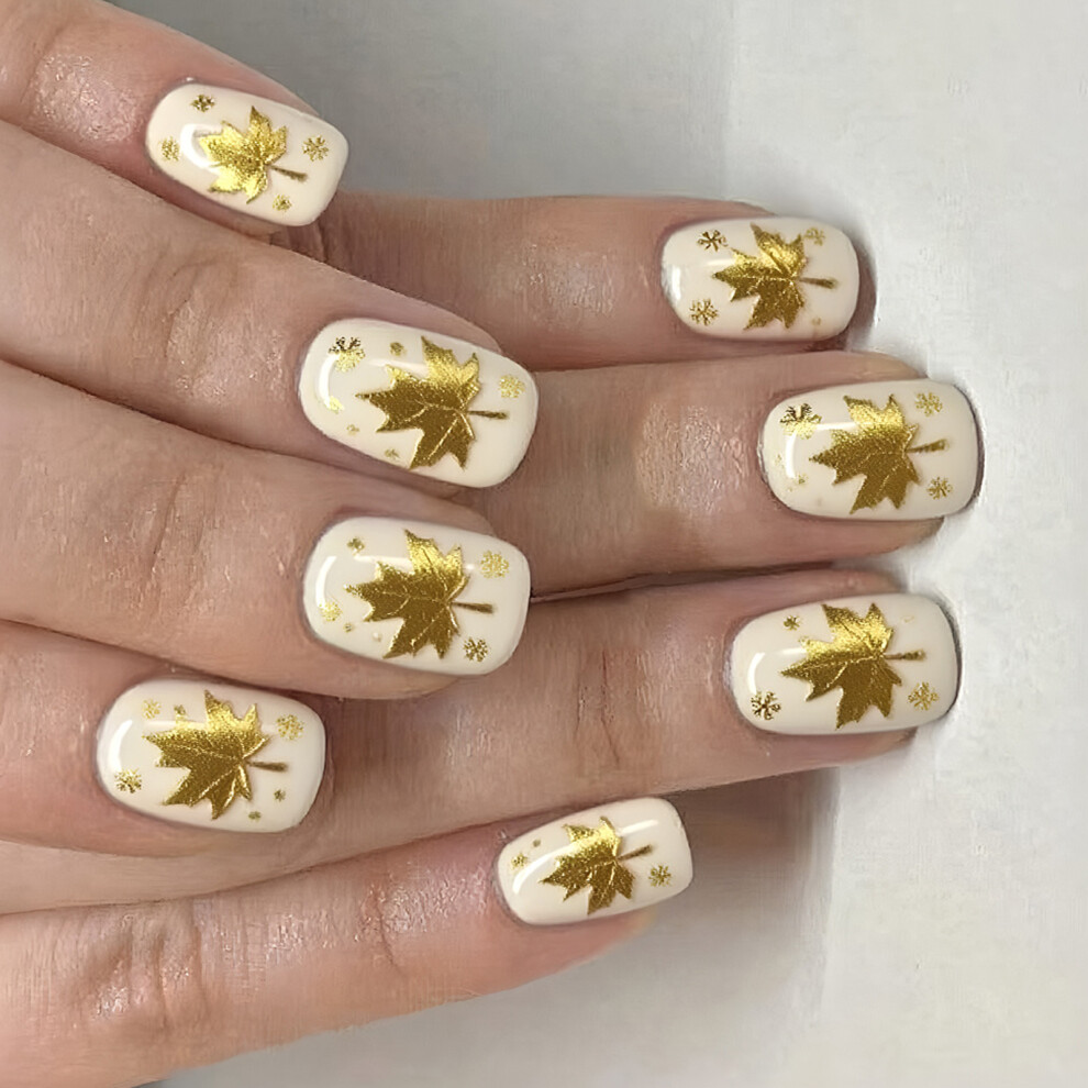 Pack Of 24 Glitters Maple Leaf Gold Foil Press On Nail Autumn