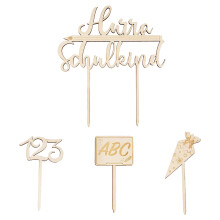 4Stk Tortendeko Einschulung Holz, Cake Topper,Personalisierter Tortenstecker Aus Holz,Kuchendeko,Schulkind Kuchen Topper, Tortendeko, Mädchen Junge