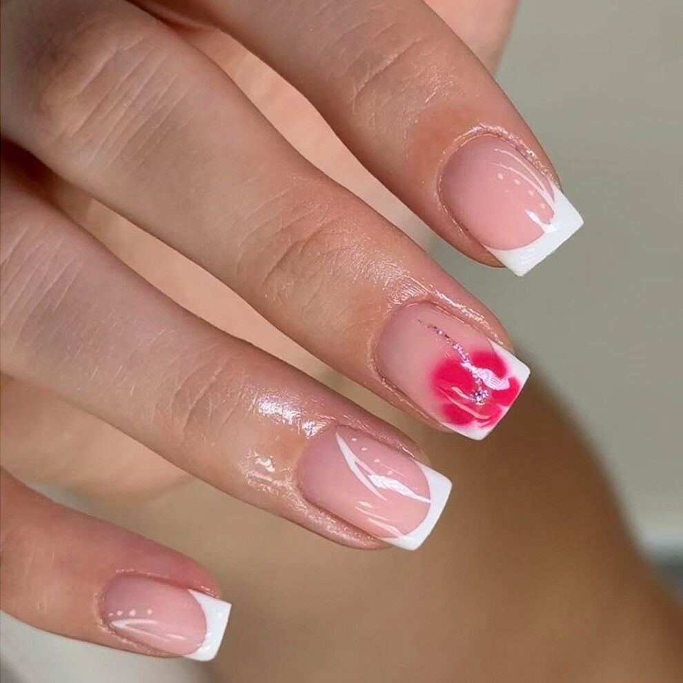 White Glitters Press On Nail 24PCS Short Square French Design