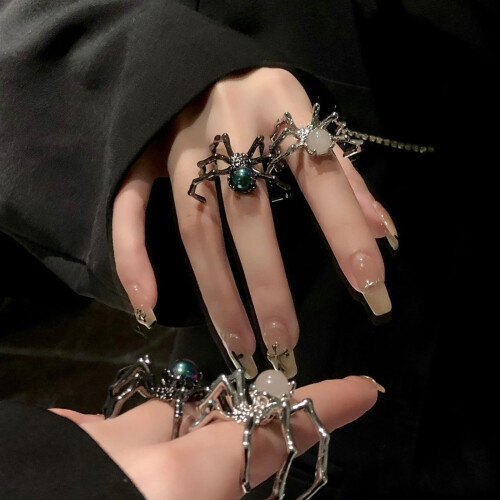Dark Aesthetic Moonstone Ring Edgy Spiders Design-White 1