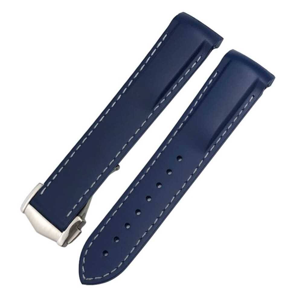 19Mm Curved Rubber Watch Strap Fits Omega Speedmaster Moonwatch Seamaster 300 At150 Blue/White Buckle Black 9105992065530