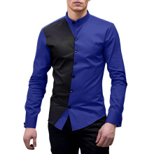 Men's Shirt Patchwork Casual Shirt Crew Neck Slim Fit Business Shirt Blue L With Buttons