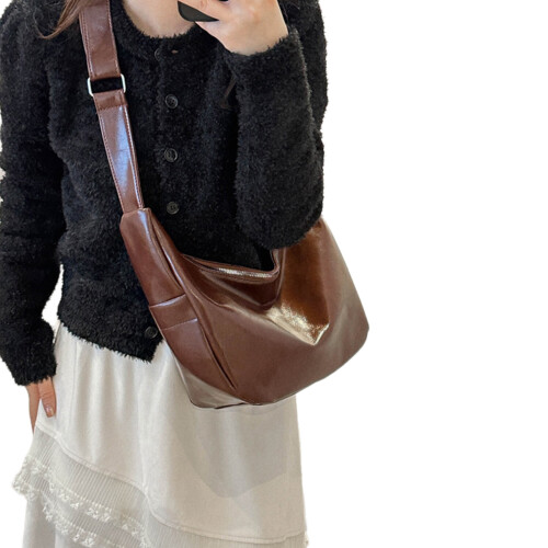 PU Crossbody Shoulder Bag Dumpling Bag Large-dark brown