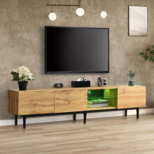 (Natural) Modern LED TV Cabinet Wood-Grain 3-Cabinet Storage Media Console