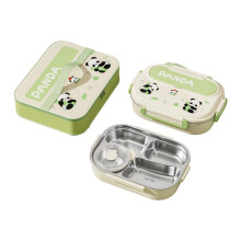 Double Layer Insulated Lunch Box with-green panda 4 squares