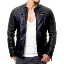 Men's Black Leather Jacket With Collar, Leather, Slim Fit, Biker Style, 3XL, Windproof Rainproof, With Zip