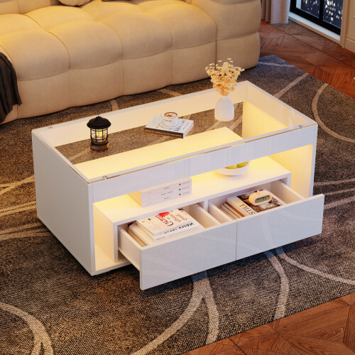 White High-Gloss Glass Top LED Coffee Table with 2 Drawers 1