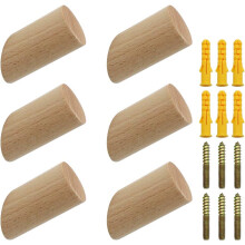 Decorative Wood Hooks, Heavy Duty Coat Hooks for Entryway, Living Room (Set Of 6), Handcrafted Beech Wood, Easy Installation with Wall-Mounted Hardwar