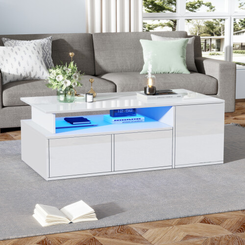 White High-Gloss LED Coffee Table with 2 Drawers & Storage 2