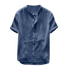 Men's Linen Shirt Short Sleeve Grandad Collar Navy Regular Fit XL Summer Casual Henley Style