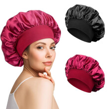 Conjunto de 2 Toucas de Cetim para Dormir, Ajustáveis, em Seda Macia com Elástico para Mulheres e Meninas (Preta, Vermelha)