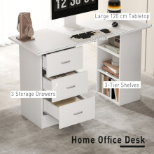 HOMCOM White Computer Desk with 3 Shelves &amp; Drawer Home Office