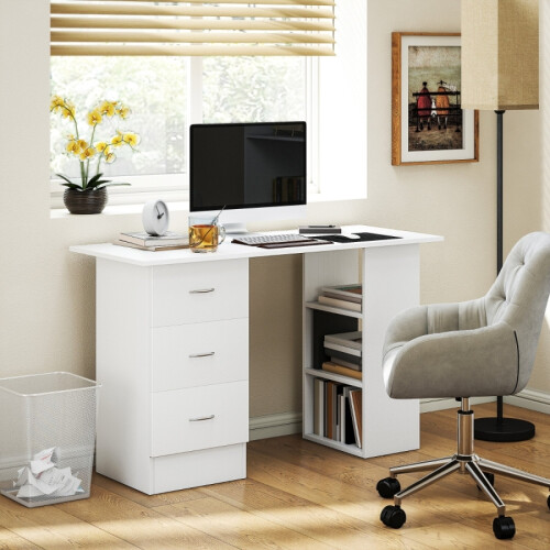 HOMCOM White Computer Desk with 3 Shelves & Drawer Home Office 2