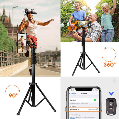 Tripé para celular de 160 cm, tripé extensível multifuncional para selfies com controle remoto Bluetooth, compatível com iPhone e Galaxy, pe 1