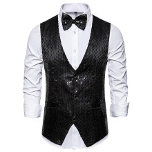 Men's Sequin Sleeveless Suit Vest Herringbone Pattern 70s Western VNeck Bow Tie Slim Fit Black XXL Carnival Costume