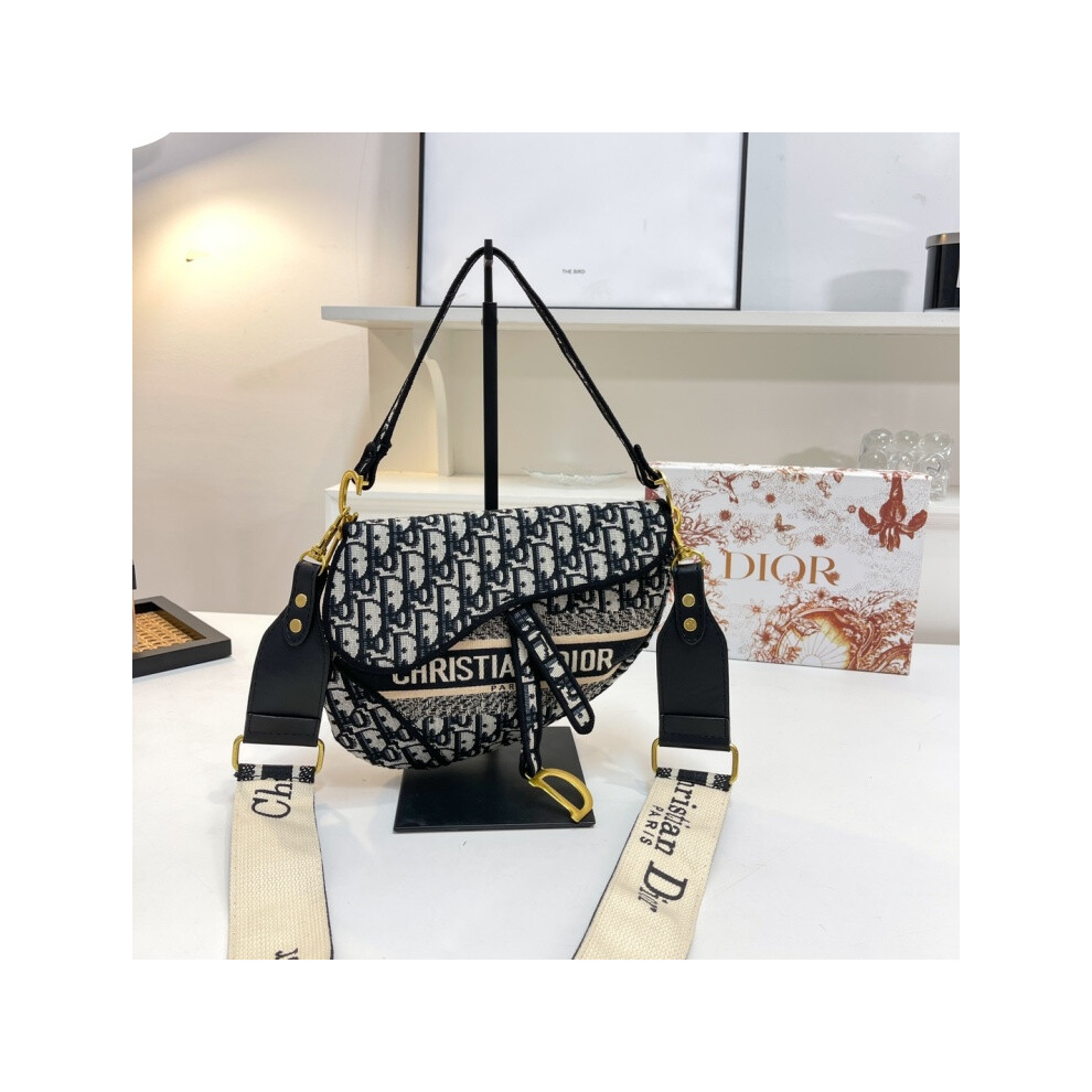(Black) Embroidered Saddle Bag Shoulder Bag Crossbody Handbag - Complete Package