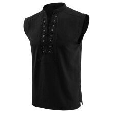 Sleeveless Medieval Shirt Men's Linen Tank For Summer Casual Lacing Pirate Costume Midterage Universal Fit Black XL
