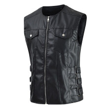 Men's Leather Motorcycle Vest Retro Style Single Breasted Biker Vest With Pocket Black Size L