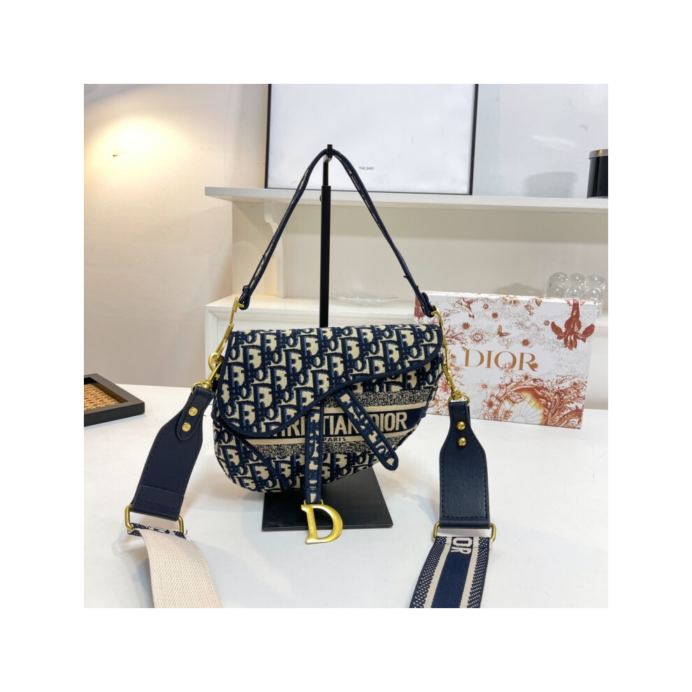 (Blue) Embroidered Saddle Bag Shoulder Bag Crossbody Handbag - Complete Package