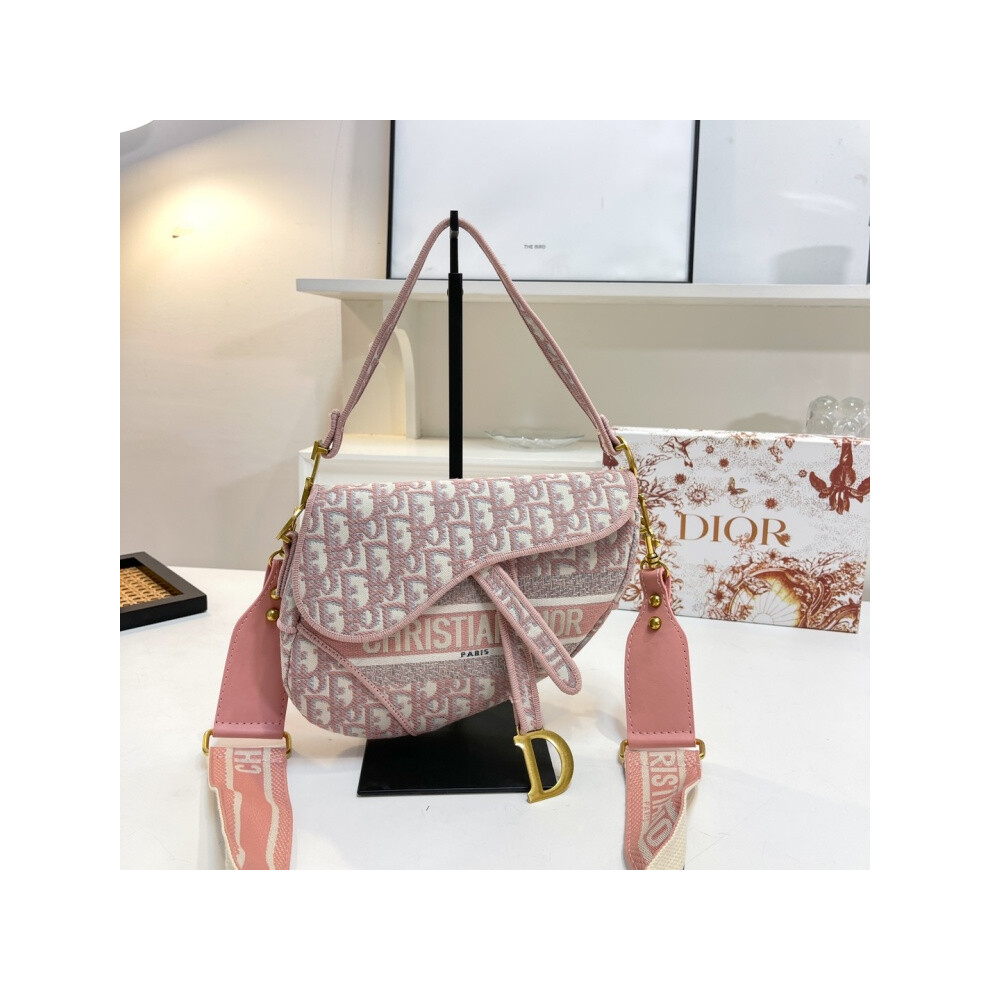 (Pink) Embroidered Saddle Bag Shoulder Bag Crossbody Handbag - Complete Package