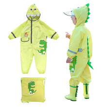Conjunto de chuva infantil em tecido sólido de poliéster, com estampa de desenho animado, impermeável e respirável, aba do chapéu transparente,