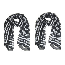 2x Schwarzer Chiffon-Seidenschal mit Totenkopf-Print, modischer langer Schal/Stola für Damen + Schlüsselanhänger