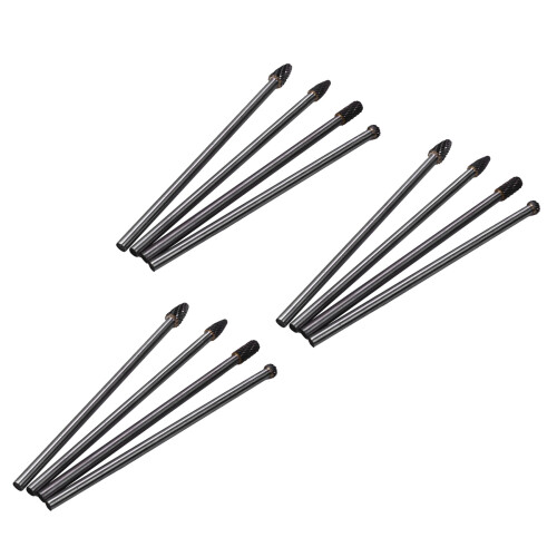 Conjunto de 12 fresas rotativas de longo alcance com corte duplo em carboneto de tungstênio, haste de 1/4" e 6 polegadas.