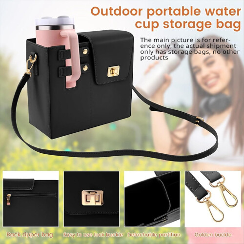 Leather Crossbody Water Cup Storage Bag with Adjustable Shoulder Strap Brown 2