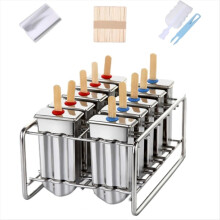 Conjunto de 10 Formas de Sorvete em Aço Inoxidável com Suporte e 10 Formas Quadradas para Picolé