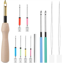Kit com 12 peças de furadores para bordado, com cabos de madeira e agulha ajustável, ideal para adultos e iniciantes. Perfeito para artesanato.