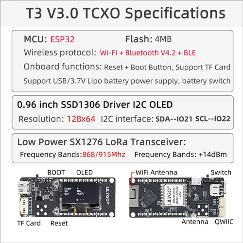 T3 V3.0 ESP32 WiFi & Bluetooth DEV Board SX1276 LoRa Module με οθόνη OLED 0,96 ιντσών και υποστήριξη κάρτας TF 868NHz 2