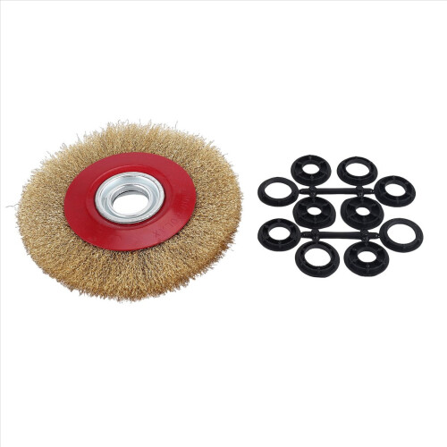 1 escova de aço plana de 200 mm (8 polegadas) com 10 anéis adaptadores para polimento em esmerilhadeira de bancada. 1
