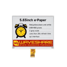 Tela E-Ink de 5,83 polegadas com 40 pinos, resolução de 648x480, compatível com telas em vermelho, amarelo, preto e branco, e interface SPI.