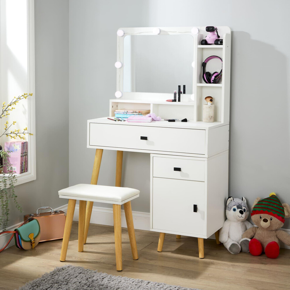 Home Source Dressing Table Vanity Makeup Desk Lighted Mirror Cushioned Stool White