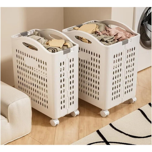 Laundry Hamper With Wheels Large Capacity White Narrow Model Foldable Home Use 1