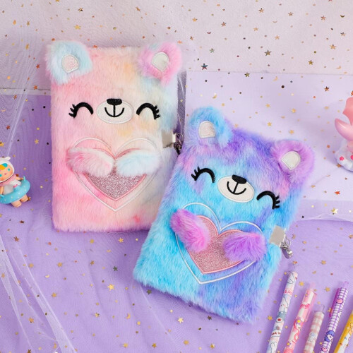 Cute Beer Plush Diary A5 Lined Hardcover Fluffy Lockable Notebook Diary Writing Drawing Notepad for Kids 2