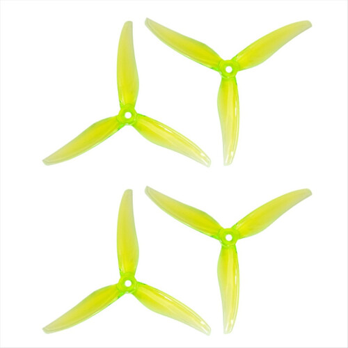Conjunto de 4 hélices de 3 pás de 5 polegadas (12,7 cm) para drones de corrida FPV, compatíveis com motores 2207 e 2306, na cor verde.
