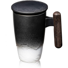 Tea Cup with Lid, Porcelain Tea Mug with Stainless Steel Infuser, Gradient Large Ceramic Tea Cup,400ml(Black White)