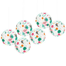 Lanterne en papier imprimée flamants roses hawaïens, avec-Blanc