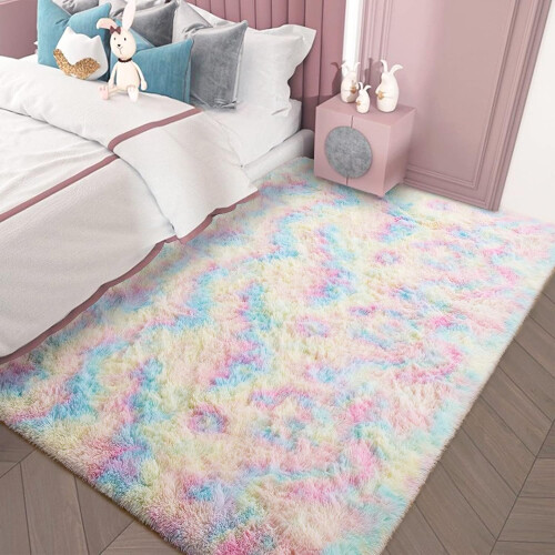 Χαλί 4x6 Rainbow Fluffy, Διακόσμηση υπνοδωματίου για κορίτσια με αντιολισθητική