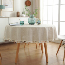 Elegant Design Tablecloth, Vintage Style Tassels Decoration For Patio Garden, Linen Look 60 Inch Round Table Cover In Ecological Flax, Boho Style Indo