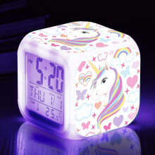 Night Light Bedside Alarm Clocks with 4 Sided Unicorn Pattern&9 Kinds of LED Glowing Wake Up Gifts for Room Decor Kids Girls Bedroom