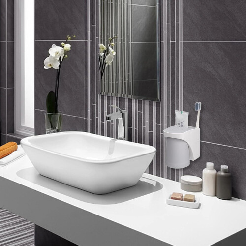 Wall Mounted Toothbrush and Toothpaste Holder with Cup, Removable Multifunction Magnetic Cup, for Bathroom 1