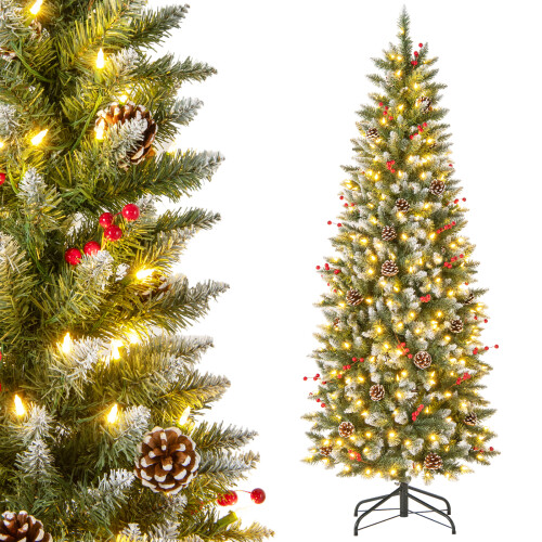 Casart 6 FT Hinged Christmas Tree Pre-Lit Pencil Tree With 33 Natural Pine Cones