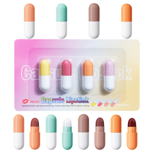 4 Sets Women Lipstick Makeup Set Pill Shaped Mini Capsules