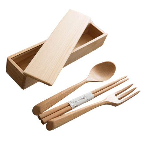 Simple Japanese Wood Cutlery Set Efficient Chopsticks Fork Spoon