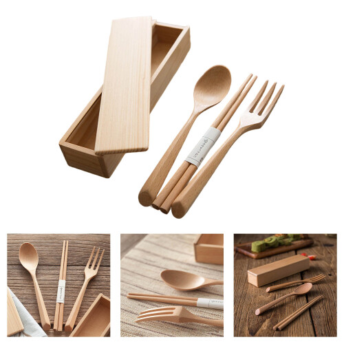 Simple Japanese Wood Cutlery Set Efficient Chopsticks Fork Spoon 1