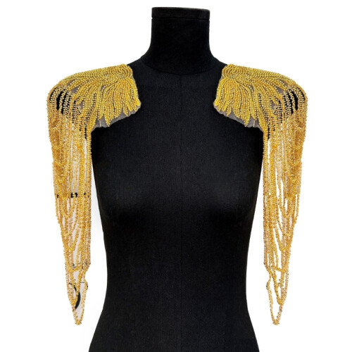 Pair Of Sequins Beads Fringe Shoulder Decorations For Adding Outfits Polyester Materials Easy Application Gold
