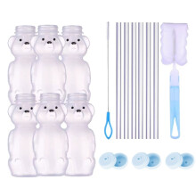 Pack of 14 Adorable Bear Shape 230ml  Drink Bottles with Straw Hole Lids for  Parties and Travel Adventures Blue
