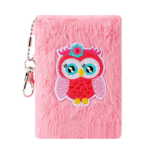 Bloc-notes Compact en fourrure, carnet de poche,-Chouette rose
